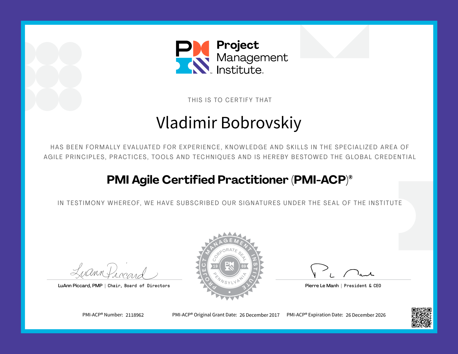 Preview of Vladimir Bobrovskiy's PMI-ACP certificate