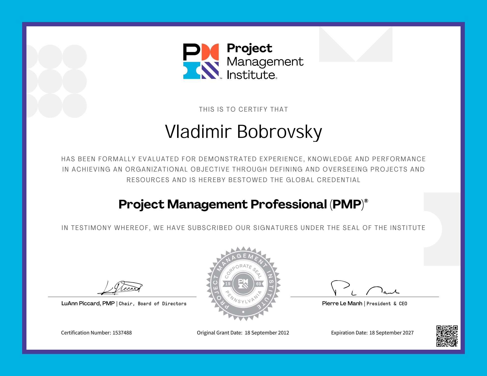 Preview of Vladimir Bobrovsky's PMP certificate