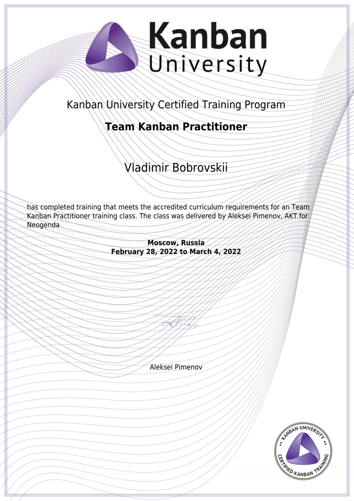 Preview of Vladimir Bobrovskii's Team Kanban Practitioner certificate